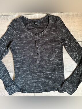 Volcom Black Space Dye Waffle Knit Henley Top Fitted Womens Small
